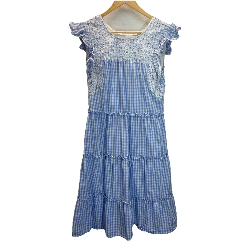 J. Marie XS Blue Gingham Tiered Midi Dress Genevieve Embroidered Summer Cottage‎